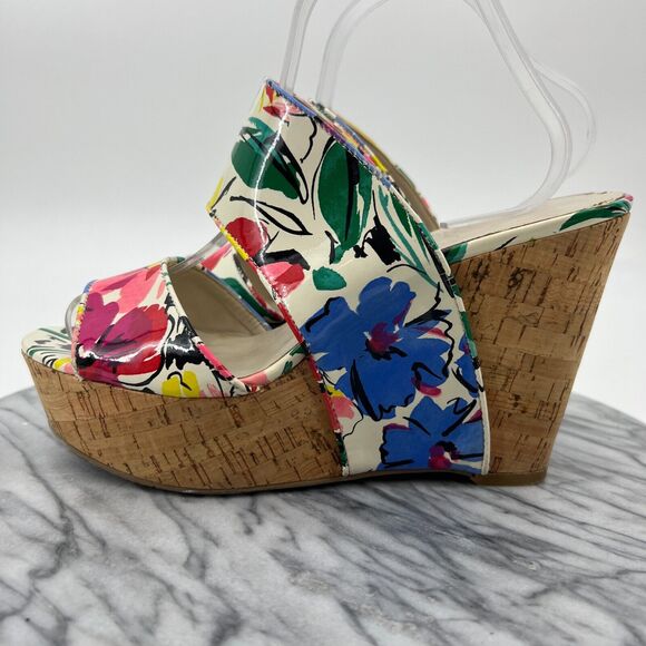 Nine West Larysa Platform Wedge Sandal Womens 9.5 M White Multi Floral Slip On - Picture 4 of 10